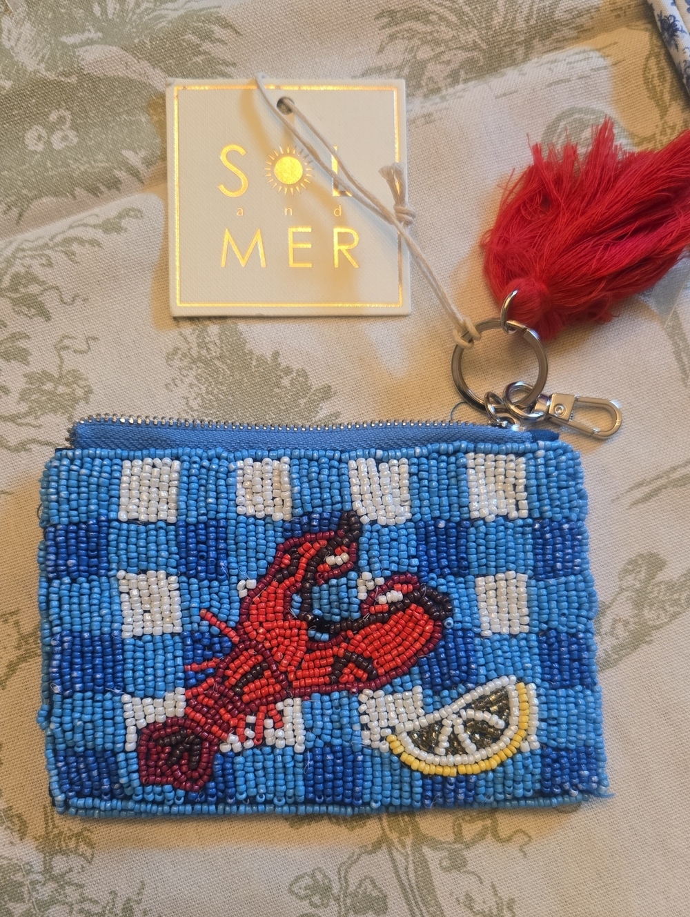 Blue Beaded Lobster Coin Pouch with Red Tassel